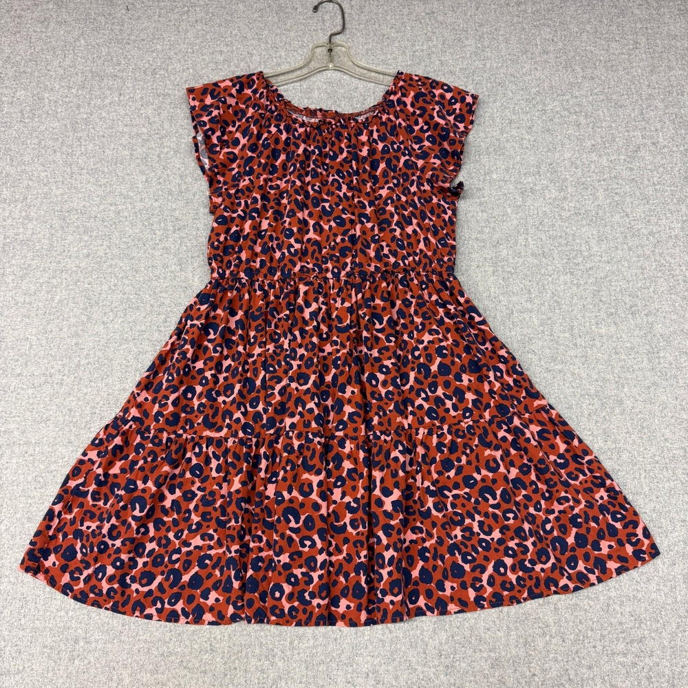 Cat & Jack Tiered Dress XL 14/16 Red Blue Pink LeopardPrint Flutter Sleeve Rayon